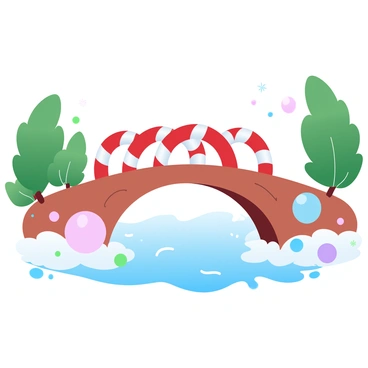 A pedestrian bridge made of intertwined candy canes over a gingerbread river