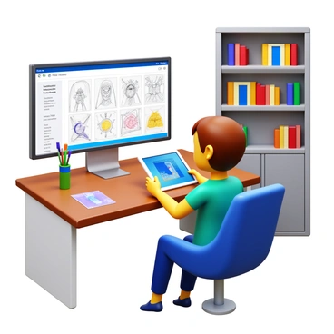 An online instructor with short brown hair is sitting in a modern home office, surrounded by various drawing tools. The instructor is using a digital tablet to demonstrate drawing techniques, with a stylus in hand. There is a large screen in front displaying a variety of sketches and techniques. The workspace is well-lit, with bookshelves filled with art books in the background. The tablet shows a vivid illustration in progress, with bright colors and clear lines. The instructor is engaged and focused, explaining the techniques clearly.