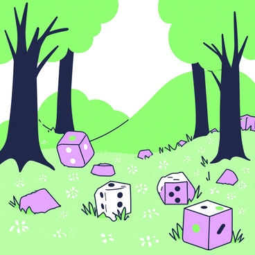 A forest clearing is filled with large, colorful dice scattered across the ground, serving as stepping stones. The clearing is surrounded by tall trees with thick trunks and lush green leaves. Sunlight filters through the branches, casting patterned shadows on the ground. The dice come in various sizes, some standing upright while others lie flat, showcasing different numbers on their faces. A carpet of soft green grass covers the ground between the dice, and small wildflowers peek through in patches. In the background, a gentle slope leads deeper into the forest, hinting at more hidden wonders beyond the clearing.