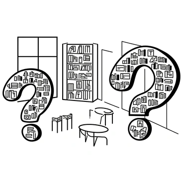 A library filled with bookshelves shaped like large question marks. Each bookshelf is intricately designed, with the top of the question marks curving elegantly. The shelves are densely packed with books, each book spine clearly labeled with various questions, such as "What is the meaning of life?" and "How does gravity work?" The floor is made of smooth tiles, and the walls are lined with warm wooden paneling. A few small tables with chairs are scattered around, inviting visitors to sit and ponder the questions from the books. Soft light filters in from large windows, illuminating the scene.