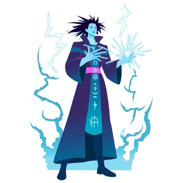 A wizard with a long, flowing robe adorned with arcane symbols stands in a dynamic pose. Their hair is wild and tousled, as if charged with energy. "Crackling static electricity" dances around their hands, creating bright sparks that illuminate their face. The wizard's focused expression conveys concentration as they channel their magical energy. In the background, swirling clouds and lightning bolts add to the intense atmosphere of the spellcasting moment.