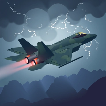 An F35 jet with sleek, angular features is flying through dark, stormy skies filled with swirling clouds. The jet is painted in a camouflage pattern of grey and green, reflecting the turbulent atmosphere around it. Lightning strikes can be seen illuminating the clouds, creating a dramatic contrast with the shadows. Below, hints of a rugged landscape are partially visible through the thick cloud cover, suggesting a mountainous terrain. The jet's afterburners are glowing bright orange, leaving a trail of smoke in its wake as it maneuvers through the ominous weather.