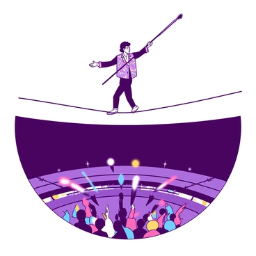 A focused performer walking a tightrope with a balancing pole, high above the ring