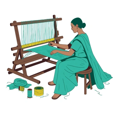 A teal weaver is sitting at a traditional wooden loom, focused on crafting an intricate silk saree. The loom is richly detailed, with wooden beams and colorful threads stretched across it. The weaver's hands are skillfully maneuvering the shuttle, weaving delicate patterns into the fabric. Brightly colored silk threads in shades of yellow and teal are interlaced to form elaborate designs. The environment around the loom is filled with spools of thread, creating a vibrant atmosphere. The saree is partially finished, draping gracefully from the loom as it catches the light.