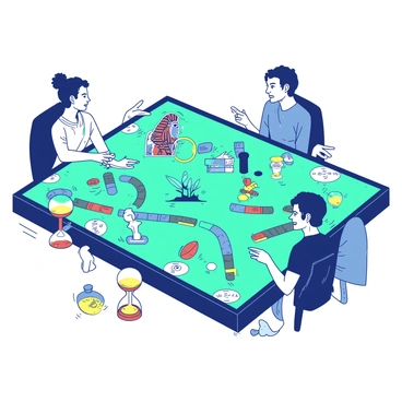 A teal board game is displayed on a wooden table, featuring a winding path that represents various eras of history. Each era is illustrated with distinct symbols and vibrant colors. Hourglass timers, filled with bright yellow sand, are placed next to the game board, indicating the time limit for each player's turn. Players' game pieces are creatively designed figures from different historical periods, such as a knight, a pharaoh, and a futuristic robot, moving along the path. The atmosphere is lively, with players engaged in animated conversation as they strategize their next moves.