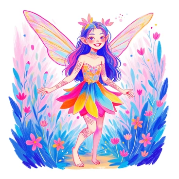 A whimsical fairy stands playfully with a bright smile. She has delicate tattoos that adorn her arms and collarbone, showcasing intricate designs. Her gossamer wings are translucent, shimmering with iridescent colors, and elegantly arch behind her. She has long flowing hair adorned with small flowers, and she wears a playful outfit made of leaves and petals. The setting includes soft, lush greenery surrounding her, enhancing the enchanting atmosphere.