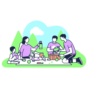 A family is sitting on a picnic blanket spread across a grassy plateau. There are four family members: a mother, a father, and two children, a boy and a girl. The mother is pouring juice from a green thermos into cups while the father is unpacking food from a wicker picnic basket. The girl is holding a sandwich, and the boy is playing with a small green ball. In the background, there are a few trees providing shade, and a bright blue sky is visible above.