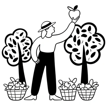 A woman with long hair wearing a straw hat is reaching up to pick a ripe apple from a tree branch in an orchard. The trees are laden with numerous apples, some of which have fallen on the grass below. There are several baskets on the ground around her, filled with freshly picked apples. The scene is set under a clear sky, with sunlight filtering through the leaves of the apple trees, casting intricate shadows on the ground.