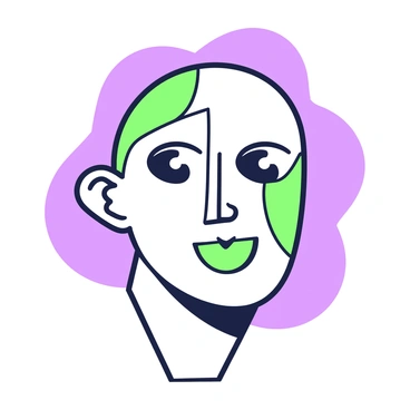 A portrait featuring a face with fragmented and reassembled features. The face is composed of various geometric shapes, each representing different parts such as the eyes, nose, and mouth. The eyes are positioned unevenly, with one being larger than the other. The nose is depicted as a series of angular lines, while the mouth is represented by a curved shape that suggests a smile. The background consists of overlapping shapes that complement the face, providing a sense of depth and dimension.