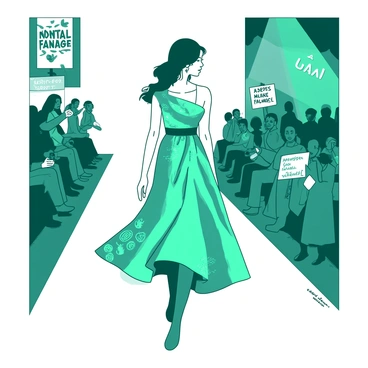 A teal model is walking down a runway, showcasing a flowing dress made from eco-friendly materials. The dress features intricate patterns and textures that enhance its organic look. Bright lights illuminate the model, highlighting the vibrant design of the dress. In the background, photographers are capturing the moment, their cameras focused on the model as she gracefully strides forward. The runway is lined with enthusiastic audience members, some holding signs in support of sustainable fashion.