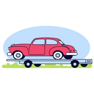 A classic car in a deep red color is parked on a flatbed truck. The car features shiny chrome bumpers, rounded edges, and vintage styling details. The flatbed truck is painted in a light blue color and has a sturdy, open platform. The setting includes a clear blue sky and a patch of green grass in the background, enhancing the scene's simplicity.