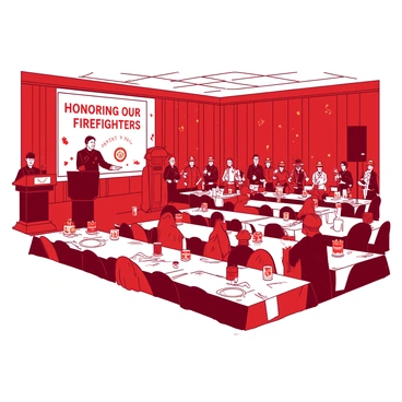A red and white banquet hall is elegantly decorated for a formal event. Long tables are covered with white tablecloths and adorned with red centerpieces featuring candles and flowers. At the front of the room, a podium is set up for speeches, with a large banner in the background displaying "Honoring Our Firefighters." Many firefighters in full uniform are seated at the tables, while some stand at the podium, holding shiny medals that reflect the light. The room is filled with a mix of pride and admiration as guests listen intently to the speeches being delivered.