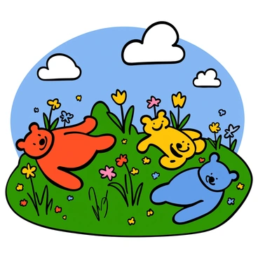 A meadow filled with vibrant green grass and colorful wildflowers under a bright blue sky. In the center of the meadow, there are giant gummy bears of various colors, including red, green, yellow, and blue. The gummy bears are smiling and have a glossy texture, reflecting the sunlight. Some of the gummy bears are lounging leisurely on the grass, while others are playfully interacting with each other. A few fluffy white clouds float in the sky, adding to the cheerful atmosphere.