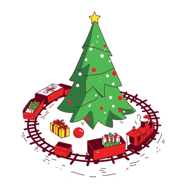 A red miniature holiday train set is traveling around a beautifully decorated green Christmas tree. The train consists of a small engine and several colorful carriages filled with tiny presents. The Christmas tree is adorned with sparkling white lights, shiny ornaments in various shapes, and a golden star at the top. The train tracks are laid out in a circular pattern on a white snowy surface, creating a festive atmosphere. The scene is illuminated gently, highlighting the vibrant colors of the decorations.