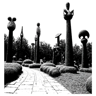 A park scene is filled with towering sculptures that have abstract alien designs. These sculptures are uniquely shaped, with intricate detailing that emphasizes their otherworldly nature. Some installations are interspersed with greenery, featuring unusual patterns that mimic alien flora. Shadows cast by the sculptures create an interesting interplay of light and dark across the park's surface. The ground is a mix of stone paths and patches of grass, leading visitors to explore the various installations.