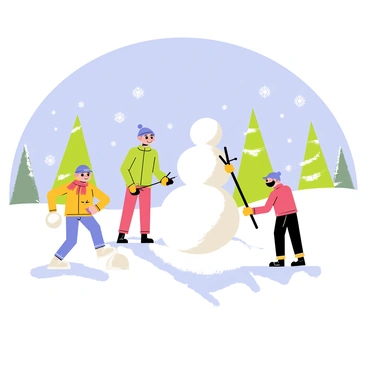 A snow-covered landscape featuring a wide expanse of glistening white snow under a clear blue sky. In the foreground, several children wearing colorful winter clothing are joyfully building a snowman. One child, wearing a red scarf and blue hat, is rolling a large snowball. Another child, dressed in a green jacket and yellow gloves, is placing sticks for the arms of the snowman. A few snowflakes are gently falling from the sky, adding to the wintery atmosphere. In the background, tall evergreen trees are dusted with a layer of snow, completing the picturesque scene.