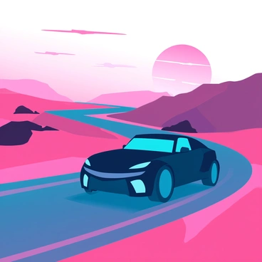 A sleek car silhouette is positioned on a winding desert road. The road curves gracefully through a barren landscape, with smooth sand dunes rising on either side. The setting sun casts a glowing orange and pink hue across the sky, illuminating the scene with warm light. Long shadows stretch from the car, enhancing the dramatic contrast against the vibrant sky and the muted colors of the desert. The atmosphere is tranquil yet dynamic, capturing the essence of a journey.
