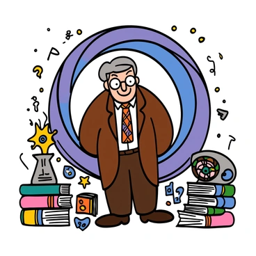 Professor Shonku, a man with light skin and gray hair, stands confidently before a swirling time portal filled with vibrant colors of blue and purple. He wears round glasses perched on his nose, and his expression is one of deep contemplation. He is dressed in a brown tweed jacket over a white shirt, with a patterned tie and brown pants. His hands are tucked into his pockets, and he gazes intently at the portal, reflecting on the possibilities of his next adventure. The surrounding area is filled with quirky scientific gadgets and books scattered around, adding to the atmosphere of exploration and curiosity.