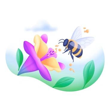A modern pastel illustration depicting the pollination process of a flower by a bee. The scene includes a vibrant flower with colorful petals in shades of pink and yellow, positioned prominently in the center. A detailed bee, with black and yellow stripes, is hovering near the flower, its wings slightly spread. Pollen grains can be seen in the air, illustrating the transfer process. Surrounding the flower and bee are soft, green leaves and a gentle blue sky in the background.