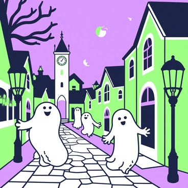 A group of ghosts is floating through a vintage village under a night sky. The ghosts vary in shape and size, some resembling traditional specters while others have more whimsical forms. They glide along cobblestone streets that are lined with quaint, old-fashioned houses, each with intricate wooden details and arched windows. The atmosphere is illuminated by soft, glowing lanterns hanging from wrought-iron poles, casting gentle light on the scene. In the background, a clock tower stands tall, its clock face showing just after midnight. A few trees with twisted branches are scattered along the path, adding to the eerie yet charming ambiance of the village.