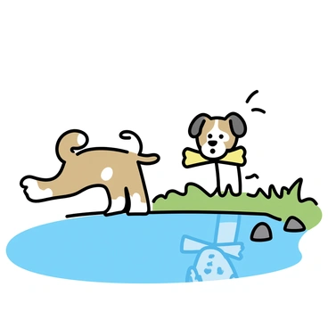 A brown dog with white patches, carrying a large bone in its mouth, stands at the edge of a clear pond. The dog's ears are perked up and its eyes are wide, reflecting a look of surprise. In the water, the dog's reflection can be seen, showing the same expression of shock. Around the pond, there is lush green grass and a few small rocks, creating a natural setting. The sky above is clear, adding to the bright atmosphere of the scene.