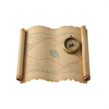 A classic brass compass with a glass cover, its needle clearly indicating north, rests on an old parchment map. The map features intricate details, showing various terrains like mountains and rivers. In the center of the map, there is a noticeable gap, symbolizing an unexplored area. A winding path is marked in red ink, leading towards this gap, indicating a route that invites adventure. The edges of the map have a frayed texture, suggesting age and use.
