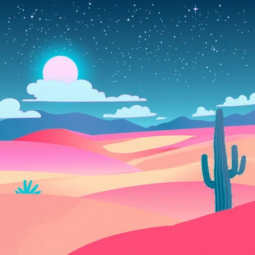 A desert landscape transitioning from a hot sunny day to a cool, starry night
