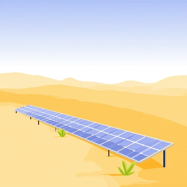 A vast expanse of golden sand stretches across the landscape, meeting a clear blue sky overhead. Rows of shiny, rectangular solar panels are installed neatly along the edge of the desert. The solar panels are angled to capture sunlight, reflecting the bright rays from the sun above. A few sparse desert plants, with green foliage, are scattered around the panels, contrasting with the sandy terrain. In the distance, gentle dunes rise and fall, completing the arid desert scene.