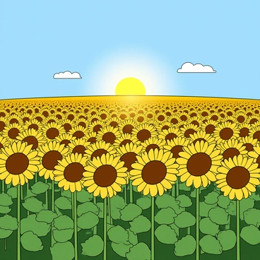 A vast field filled with tall sunflowers, their bright yellow petals extending outward. Each sunflower is positioned to face the sun, creating a uniform and lively display. The sky above is clear and blue, dotted with a few fluffy white clouds. The sun shines brightly, casting warm light that highlights the vibrant colors of the flowers. The green leaves of the sunflowers sway gently in a soft breeze, and the field stretches out far into the distance, creating an impression of endlessness.