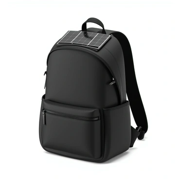 A backpack designed for technology enthusiasts, featuring integrated solar panels on the top for harnessing sunlight. The backpack is made of durable black fabric with a sleek, modern design. It has multiple charging ports, positioned on the front exterior, allowing for convenient access. The straps are padded for comfort, and there are various compartments for organizing gadgets and accessories. The zippers are smooth and metallic, providing a professional touch. The solar panels have a subtle grid pattern, enhancing the futuristic look of the backpack.