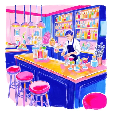 A stylish cocktail bar features a polished wooden bar counter and high stools with padded seats. Behind the bar, shelves are filled with an array of colorful bottles and glassware. A bartender, wearing a crisp white shirt and a black apron, is focused on mixing a vibrant drink in a shaker. The drink is a mix of bright red, green, and blue colors. On the bar, there are several elegant cocktail glasses garnished with fruit slices and herbs. The atmosphere is lively, with patrons enjoying their drinks at small tables adorned with flickering candlelight.