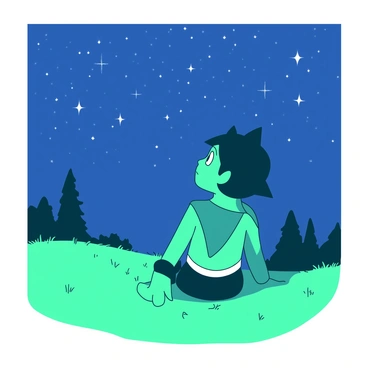 A teal Astro Boy is sitting on a green grassy hill, gazing up at a star-filled sky. The stars are twinkling brightly against the dark blue background, creating a vibrant display. Astro Boy has a thoughtful expression, with his hands resting on his knees. The hill is gently sloping, covered with lush green grass, and in the distance, a few trees can be seen silhouetted against the night sky.