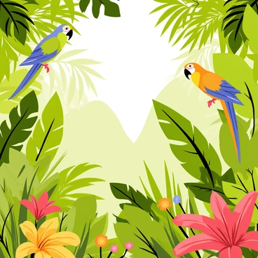 A tropical jungle filled with vibrant, green foliage and various exotic plants. The scene features large, colorful leaves and flowers in shades of red, yellow, and orange. Several bright, exotic birds with vivid plumage, such as blue and green parrots, are perched among the branches. Sunlight filters through the dense canopy, casting dappled shadows on the jungle floor, which is covered in lush greenery and small, colorful flowers.