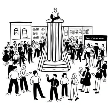 A bustling town square filled with numerous people gathered in groups, observing the scene. In the center stands a large guillotine, its wooden structure towering over the crowd. Several townsfolk are depicted wearing period clothing, including hats and coats, with expressions of curiosity and concern. Surrounding the guillotine, there are market stalls displaying various goods, such as fruits and vegetables, adding to the lively atmosphere of the square. A few individuals are pointing towards the guillotine, while others engage in hushed conversations.