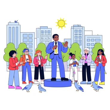 A speaker stands confidently on a small raised platform in a busy city square. The speaker is a middle-aged man wearing a blue suit and holding a microphone, appearing passionate as he delivers his message. In front of him, a diverse crowd of people is gathered, showing various reactions. 

To the left, a young woman with curly hair and glasses is nodding in agreement, while beside her, an elderly man with a cane looks skeptical, crossing his arms. A child in a bright red coat is pointing excitedly at the speaker, and a middle-aged woman with a ponytail is taking notes on her phone. In the background, tall buildings and trees line the square, and a few pigeons are seen pecking at the ground. The sky is clear, with a bright sun overhead illuminating the scene.