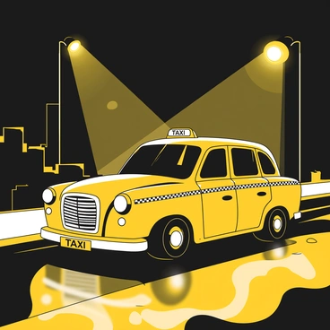 A British taxi is parked on a wet street, illuminated by nearby streetlights that create reflections on the pavement. The taxi has a distinct shape with rounded edges, featuring the iconic 'TAXI' sign glowing brightly on the roof. The scene captures the contrast of the dark night sky with the warm light from the streetlights. Mist hovers lightly above the ground, adding a touch of atmosphere to the depiction. In the background, silhouettes of buildings can be seen, enhancing the urban setting.