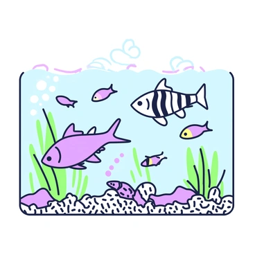 A school of zebrafish is swimming harmoniously in a freshwater environment. The zebrafish are sleek and streamlined, exhibiting their characteristic stripes. Surrounding them are various peaceful freshwater creatures, including small neon-tetra fish, which have bright coloration. There are also two serene-looking snails gliding slowly along the substrate. A cluster of aquatic plants sways gently in the water, providing a natural habitat. Light filters down from the surface, creating dappled patterns in the clear water.