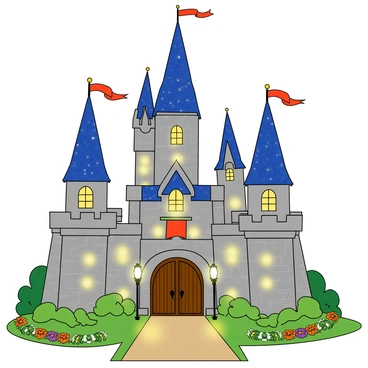 A large, enchanted castle with tall spires and intricate stonework. The castle features twinkling lights that illuminate the facade, creating a magical glow. At the center, there is a grand entrance with large ornate wooden doors that are slightly ajar, revealing a glimpse of the interior. Colorful banners hang from the towers, fluttering gently in a light breeze. Surrounding the castle are lush green gardens with flower beds that add vibrant colors to the scene. A pathway leads up to the entrance, lined with glowing lanterns.