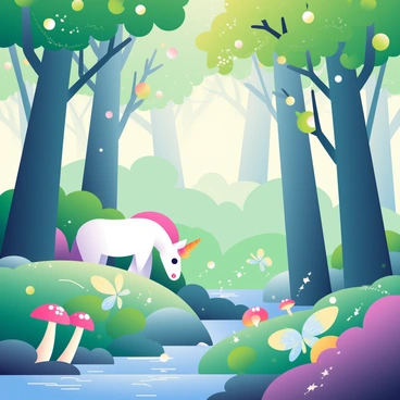 A dense forest with tall, slender trees covered in vibrant green leaves is illuminated by soft, glowing orbs hanging from the branches. The ground is carpeted with lush, colorful moss and bright mushrooms that emit a gentle light. Among the trees, a small, whimsical unicorn with a shimmering white coat and a sparkling horn is grazing peacefully. Nearby, a group of delicate fairies with translucent wings flit about, leaving trails of glimmering dust in the air. A gentle stream winds through the scene, reflecting the soft glow of the surroundings. In the background, the silhouettes of ancient trees create a sense of depth and mystery.