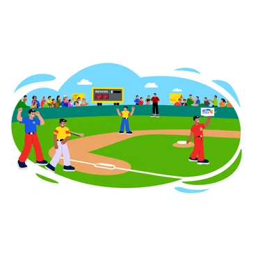 A lively scene from a little league baseball game featuring young players wearing colorful uniforms. The players are gathered on a sunny, grassy field, showcasing bright jerseys in red, blue, and yellow. One player is swinging a bat, while another is ready to catch in the outfield. Spectators in the background cheer enthusiastically, with a few holding colorful banners. A scoreboard stands to the side, displaying the current score, adding to the excitement of the game.