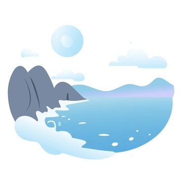 Waves are gently crashing against rugged rocks along the shoreline. The water is a deep blue with frothy white bubbles at the surface where it meets the rocks. A bright full moon is shining in the sky, casting a silvery light on the water and illuminating the scene. The moon’s reflection creates shimmering patterns on the surface of the waves. The surrounding landscape is softly lit, enhancing the tranquil atmosphere of the night.