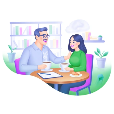 A cozy coffee shop setting with soft lighting. A round wooden table is positioned centrally, where an insurance agent, a middle-aged man wearing glasses and a light blue shirt, sits across from a young woman in a green sweater. Both are smiling as they engage in a relaxed conversation. The table is adorned with two steaming coffee cups, a small plate of pastries, and a notepad with a pen. In the background, there are shelves filled with books and potted plants, adding to the warm atmosphere of the scene.