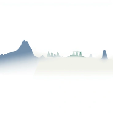 A vast plateau is seen in the foreground, enveloped in thick, white fog that obscures most details. The silhouette of a jagged rock formation is visible on the left side, rising sharply into the misty air. In the center, there are indistinct shapes of trees standing solemnly, their outlines softened by the fog. On the right, another silhouette of an ancient stone structure emerges, half-hidden in the haze. The entire scene is filled with a muted light, creating an atmosphere of mystery and intrigue.