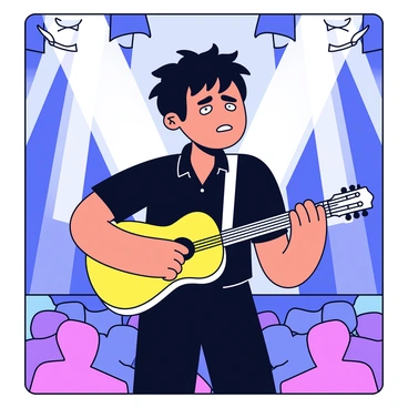 A nervous musician with tousled dark hair stands at the side of a brightly lit stage. They are wearing a simple black outfit and holding a guitar, gripping it tightly with both hands. Their eyes are wide, and they are taking a deep breath, visibly preparing themselves. The stage is illuminated with bright white lights, and colorful spotlights are casting vibrant colors around the background. The audience can be faintly seen in the distance, creating a sense of anticipation.