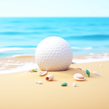A golf ball resting on fine, light-colored sand on a beach. The sand is slightly wet, reflecting the gentle movement of the nearby waves. Soft, white foam is visible at the edge of the water as it approaches the shore. The golf ball is bright white and positioned at an angle that highlights its dimples. Small seashells and bits of seaweed are scattered around the golf ball on the sand. In the background, the horizon is clear, where the blue ocean meets the sky.