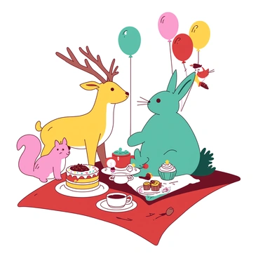 A teal rabbit is sitting on a red blanket, surrounded by a gathering of forest animals celebrating a party. A yellow deer is standing beside a large multicolored cake that features layers of vibrant frosting and colorful sprinkles. Nearby, a pink squirrel is playfully holding onto a few bright balloons floating in the air. A group of small birds is perched on a nearby branch, chirping joyfully and looking down at the scene. The atmosphere is lively, with animals joyfully interacting and sharing treats from a makeshift picnic setup.