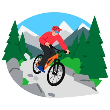 A mountain biker wearing a bright red helmet and blue goggles is skillfully navigating a rocky descent on a narrow, winding trail. The biker is on a sturdy black and orange mountain bike, with both tires gripping the rough terrain. Surrounding the trail are tall, green pine trees and jagged rocks, some covered in patches of moss. In the background, there are towering mountains with snow-capped peaks under a clear blue sky. Dust is kicked up behind the bike as it maneuvers over the uneven surface, creating a sense of motion and excitement.