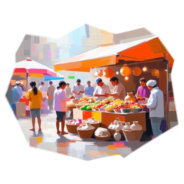 A bustling urban market filled with a variety of vendors. Stalls are adorned with colorful fabrics and canopies, showcasing an array of international foods and handmade crafts. One vendor is selling vibrant fruits and vegetables, while another displays an assortment of spices in small containers. A craftsman is busy shaping unique handmade pottery, and nearby, a woman is arranging woven baskets. Shoppers of diverse backgrounds are interacting with the vendors, examining goods, and sampling tasty treats. The atmosphere is lively, with people chatting and the sound of friendly bargaining filling the air.