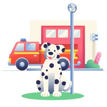 A dalmatian with black spots on a white coat is sitting beside a firehouse pole, looking cheerful. The dog has its tongue out and its tail wagging, conveying a sense of happiness. The firehouse pole is shiny and metallic, standing upright next to the dalmatian. Surrounding the scene are colorful firehouse-themed decorations, including a bright red door in the background and a fire truck parked nearby, visible with its chrome details gleaming. Green grass covers the ground, adding a touch of nature to the urban setting.