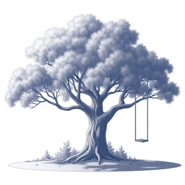 A majestic oak tree stands prominently in the center of a vintage forest. The tree's thick, gnarled trunk showcases its age and strength, while its sprawling branches extend wide, creating a graceful canopy overhead. A swing is suspended from one of the lower branches, gently swaying in the breeze. The ground around the tree is covered in a carpet of fallen leaves, and various smaller trees and underbrush create a natural, textured backdrop. Sunlight filters through the leaves, casting intricate shadows on the forest floor.